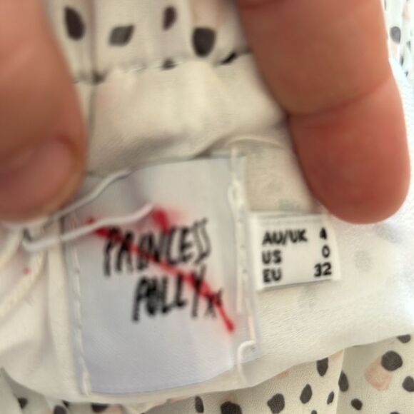 PRINCESS POLLY Size 0 NWT Rasmus Mini Skirt White Gray Peach Ruffle Tiered Linen - Picture 9 of 10